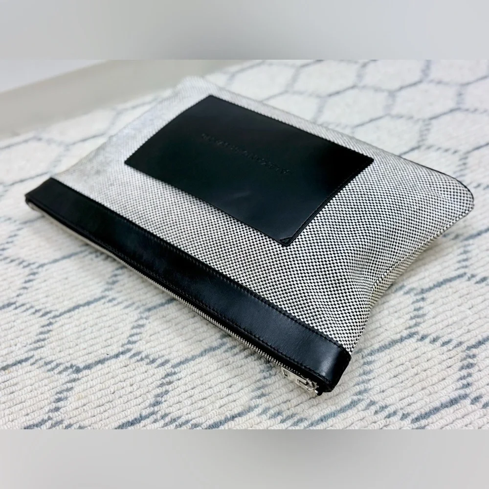 ALEXANDER WANG BLK/WHTE Woven Canvas Medium Pouch Clutch W/ BLK Leather Trim